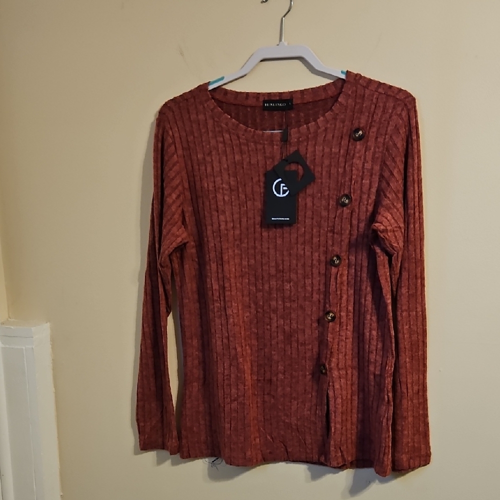 Funlingo Burgandy asymmetrical Faux button top. NWT